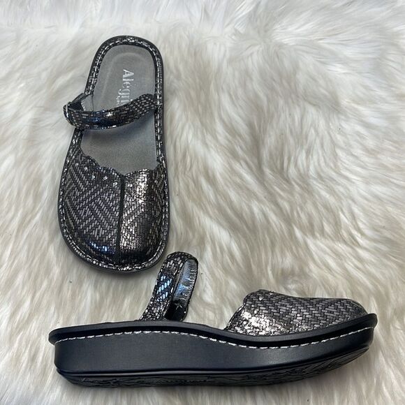 Alegria Tuscany Pewter Dazzle Leather Strapped Slides Sz 38/US 8-8.5 - Picture 1 of 7